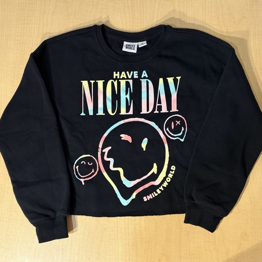 SmileyWorld‎ Have A Nice Day Black Cropped Sweatshirt Girls Size Medium 8